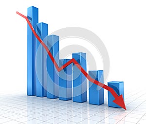 Falling blue chart with down red arrow