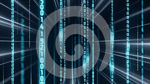 Falling Blue Digital Binary Code Streams with Light Streaks data technology