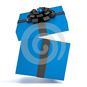 Falling blue gift box with black ribbon and bow isolated on white background.