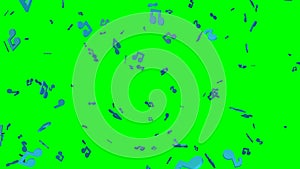 Falling blue musical notes on green chroma key background.