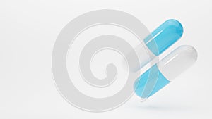 Falling blue and white pills capsule on white background. 3D rendered banner.