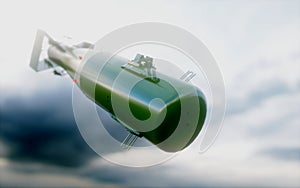 Falling bombs against the dark sky. Atom bomb. 3d rendering