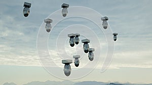 Falling bombs against the dark sky. Atom bomb. 3d rendering