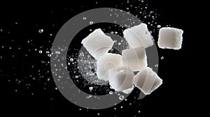 Falling cane sugar cube isolated on black background