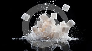 Falling cane sugar cube isolated on black background