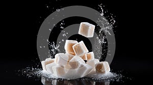 Falling cane sugar cube isolated on black background