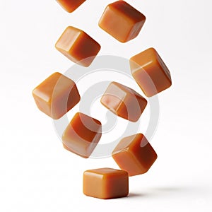 Falling caramel cubes, isolated on a white