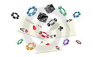 Falling cards and chips. Playing casino accessories for poker, floating red and black coins, money winning gambling game