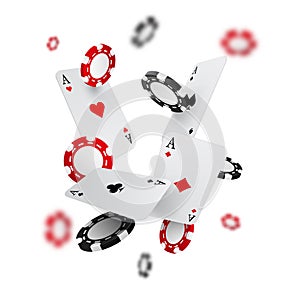 Falling casino chips and aces with blurred elements, vector illustration