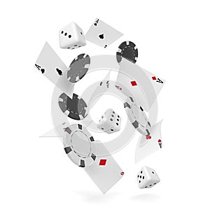 Falling casino chips and playing cards, vector isolated on white