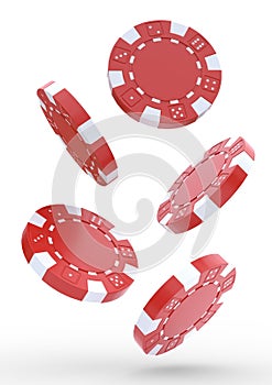 Falling casino chips on a white background