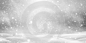 Falling Christmas beautiful snow with snowdrifts isolated on transparent background. Grey shiny poster with winter