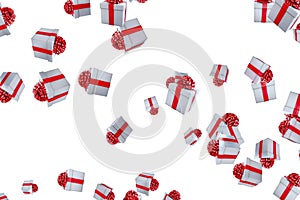 Falling christmas gift boxes on white background, holiday festive event