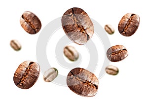Falling coffee beans 3d image on white