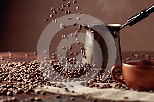 Falling coffee beans and old copper coffee maker