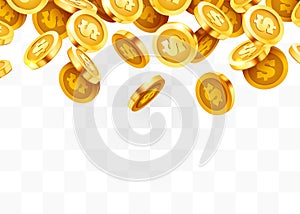 Falling coins, falling money, flying gold coins, golden rain. Jackpot or success concept. Modern background.