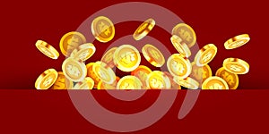 Falling coins, falling money, flying gold coins, golden rain. Jackpot or success concept. Modern background.