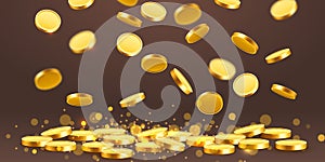 Falling coins, falling money, flying gold coins, golden rain. Jackpot or success concept. Modern background.