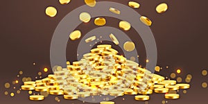 Falling coins, falling money, flying gold coins, golden rain. Jackpot or success concept. Modern background.