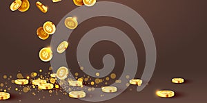 Falling coins, falling money, flying gold coins, golden rain. Jackpot or success concept. Modern background.