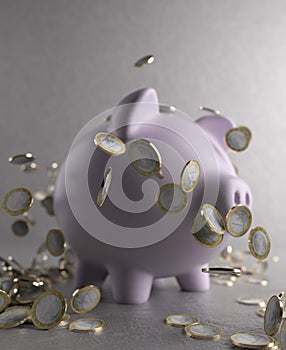 Falling coins onto a piggy bank 3d render