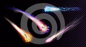 Falling comets, asteroids or meteors with flame