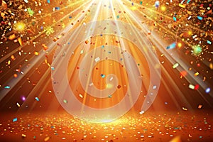 Image of falling confetti and light rays over orange background. Background, lights and movement concept digital generated image