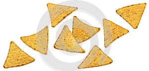 Falling corn chips, hot mexican nachos isolated on white background