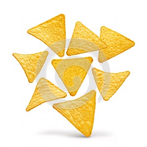 Falling corn tortilla chips isolated on a white background