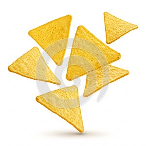Falling corn tortilla chips isolated on a white background