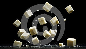 Falling cubes of white cheese isolated on black background