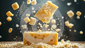 Falling Cubes of Yellow Cheese on Dark Background