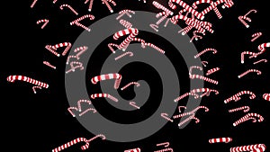 Falling dawn candy cane isolated on black background 3d render. White and red candy cane drops. Festive concept with