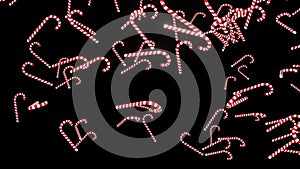 Falling dawn candy cane isolated on black background 3d render. White and red candy cane drops. Festive concept with
