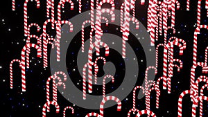 Falling dawn candy cane isolated on stars background 3d render. White and red candy cane drops. Festive concept with