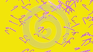 Falling dawn candy cane isolated on yellow background 3d render. White and purple candy cane drops. Festive concept with