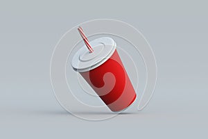 Falling disposable cup for beverages with straw. Plastic or paper package for soda drink. Cinema accessories.