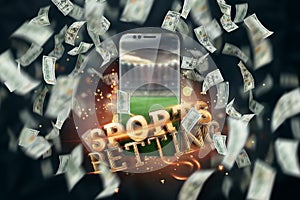 Falling dollars and Smartphone with the inscription sports betting online. Creative background, gambling