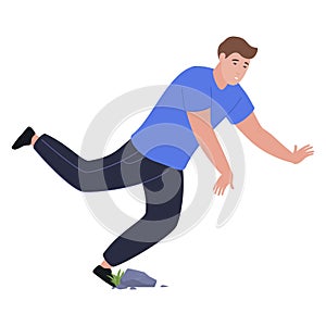 Falling down man tripped on stone vector flat illustration. Male tripping crash hitting leg outdoor