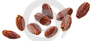 Falling dried dates isolated on white background