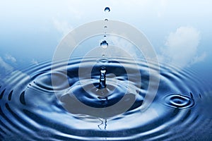 Falling drops of water with blue sky and white clouds in backgro