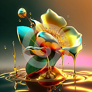 Falling drops of water and flowers. 3d rendering, 3d illustration. generative AI