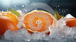 Falling drops of water on fresh orange fruit with ice cubes, closeup
