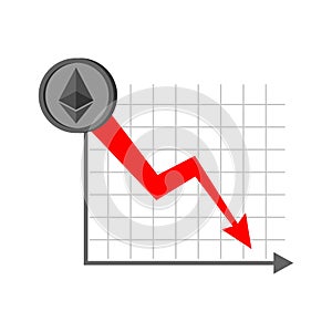 Falling etherium graph. Decrease in Cryptocurrency. Virtual money. Vector illustration