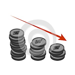Falling etherium graph. Decrease in Cryptocurrency. Virtual money. Vector illustration
