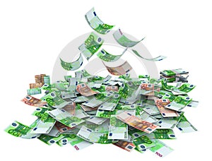 Falling 100 and 50 euros on white background