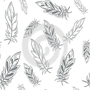 Falling feathers on a white background, seamless pattern