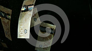 Falling flying american canadian dollar banknotes on a black background. High quality falling Dollar banknotes