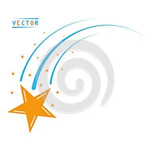 A falling flying star, a comet with a tail and Stardust. Vector flat style icon. Isolated background.