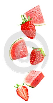 Falling fresh berry and watermelon isolated on white background